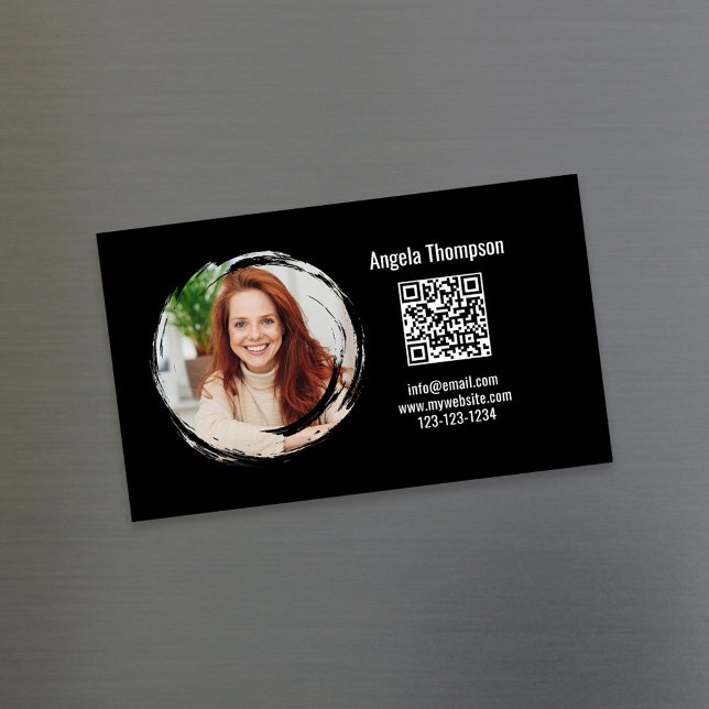 Photo QR Code Black Magnetic  Magnetic Business Card (Magnetic business card with simple photo and QR code template)