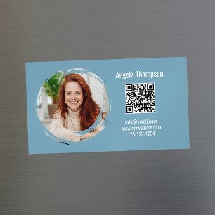 Photo QR Code Blue Modern Magnetic  Business Card