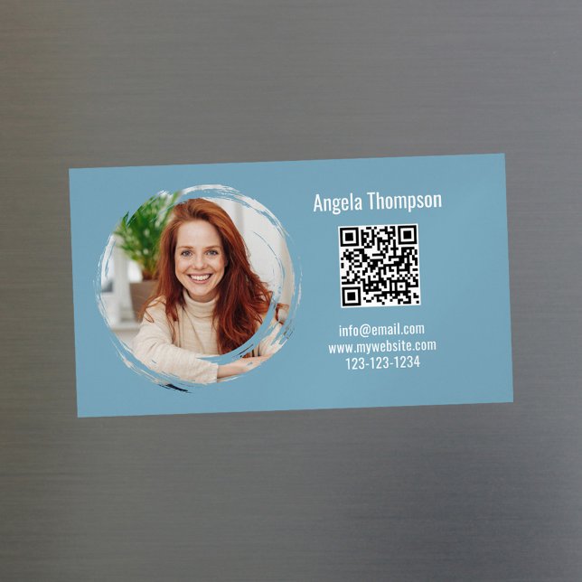 Photo QR Code Blue Modern Magnetic  Magnetic Business Card (Blue business card template with a scannable QR code.)