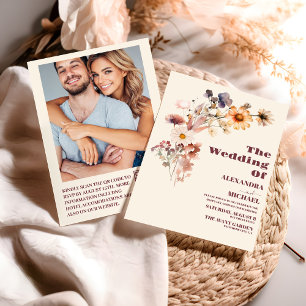 Photo QR Code Boho Autumn Wildflower Wedding  Invitation