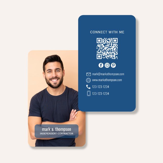 Photo QR Code Connect With Me Blue Modern Business Card (Blue QR code contact card with photo and clean corporate style design)