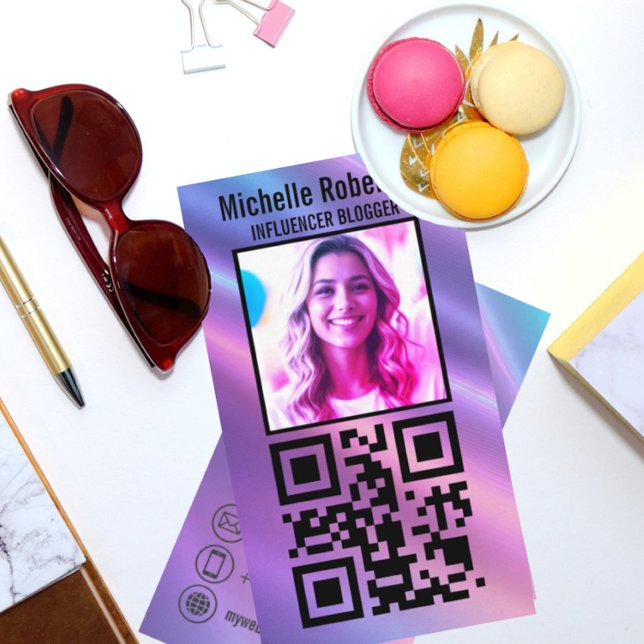 photo qr code contact icons trendy background business card (Photo headshot QR code and contact symbols on simulated holographic background.)