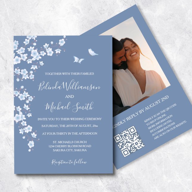 Photo QR Code Dusty Blue Cherry Blossom | Wedding Invitation (Creator Uploaded)
