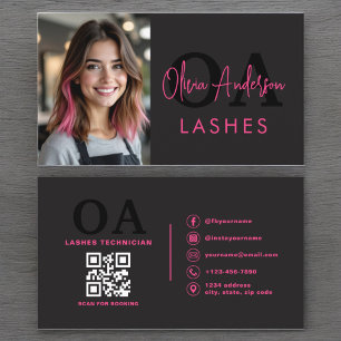 Photo QR Code Eye Lashes Technician Hot Pink Black Business Card