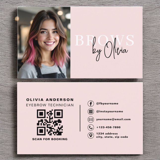 Photo QR Code Eyebrows Brows Artist Blush Pink Business Card (Creator Uploaded)