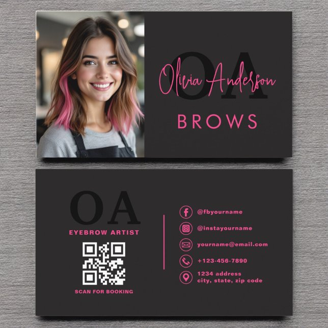 Photo QR Code Eyebrows Brows Artist Hot Pink Black Business Card (Creator Uploaded)