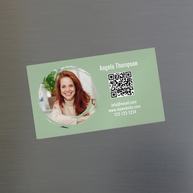 Photo QR Code Green Modern Magnetic  Magnetic Business Card (Green photo business car magnetic card.)