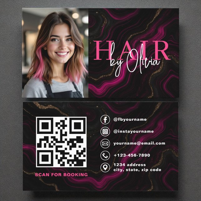 Photo QR Code Hair Stylist Black Hot Pink Agate Business Card (Creator Uploaded)
