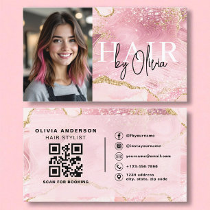 Photo QR Code Hair Stylist Pink Agate Marble Business Card