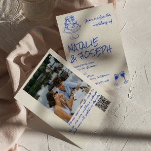 Photo QR Code Hand Drawn Blue Cake Bows Wedding  Invitation