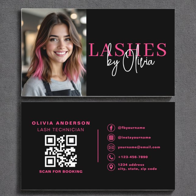Photo QR Code Lashes Technician Hot Pink Black Business Card (Creator Uploaded)
