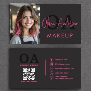 Photo QR Code Makeup Artist Hot Pink Black  Business Card