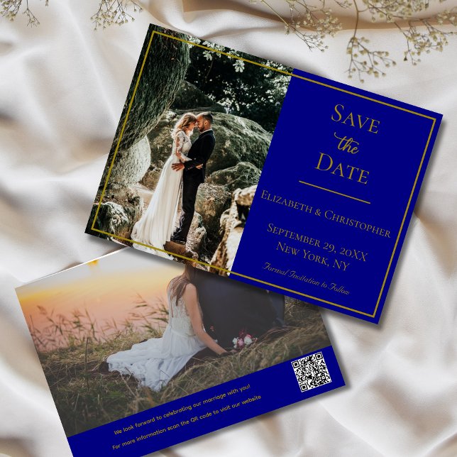 Photo QR Code Navy Blue Gold Elegant Wedding  Save The Date (Photo QR Code Navy Blue and Gold Wedding Save the Date. Elegant Formal Traditional Classic)