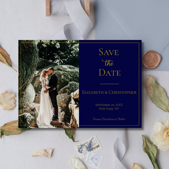 Photo QR Code Navy Blue Gold Elegant Wedding  Save The Date (Photo QR code Navy Blue Gold Wedding Save the date Card)