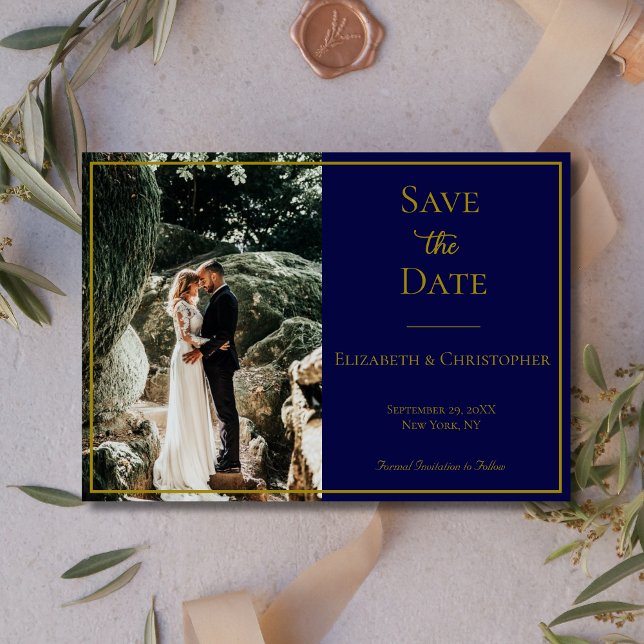 Photo QR Code Navy Blue Gold Elegant Wedding  Save The Date (Photo Navy Blue Gold Wedding Save the Date Card)