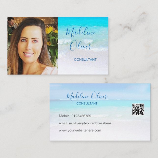 Photo QR Code Ocean Beach Sea Travel Blue  Business Card (Front/Back)