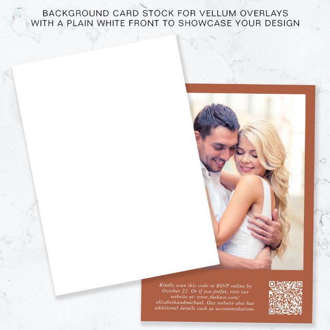 Photo QR Code Terracotta Background Vellum Overlay Invitation (Creator Uploaded)