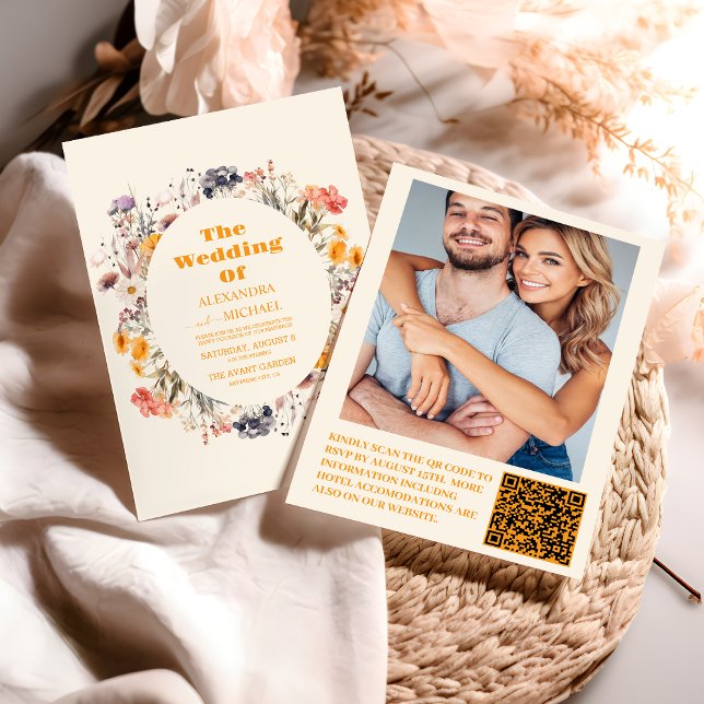 Photo QR Code Wildflower Wreath Greenery Wedding Invitation (Creator Uploaded)