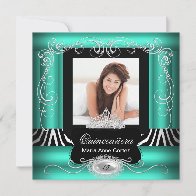 Photo Quinceanera 15th Birthday Jade Teal Zebra Invitation (Front)