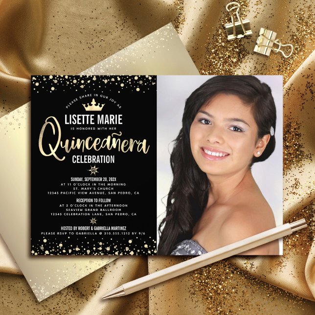 Photo Quinceañera Black Gold Glitter Girly Tiara Invitation (Creator Uploaded)
