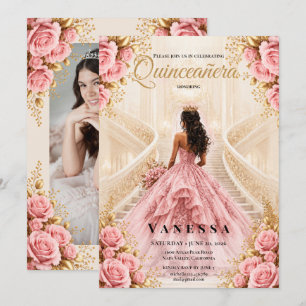 Photo Quinceanera Blush Pink and Gold Invitation