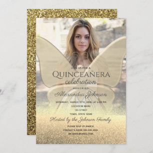 Photo Quinceanera Glitter Gold Butterfly Invitation