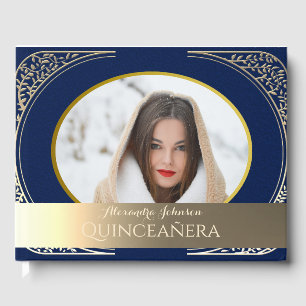 Photo Quinceanera Navy Blue and Gold  Guest Book