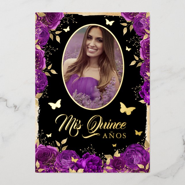 Photo Quinceanera Purple Gold Rose Butterfly  (Front)
