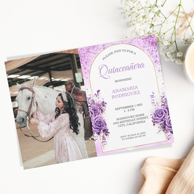 Photo Quinceañera Purple Roses Floral Butterflies Invitation (Creator Uploaded)