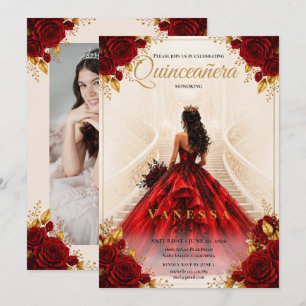 Photo Quinceanera Read and gold Invitation