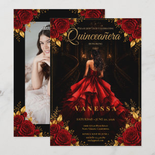 Photo Quinceanera Read and gold Invitation