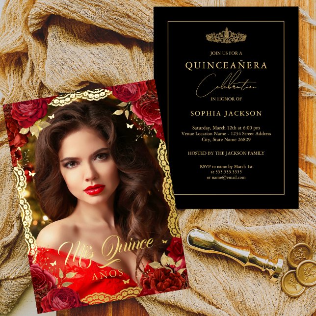 Photo Quinceanera Red Rose Gold Lace Birthday  (Creator Uploaded)