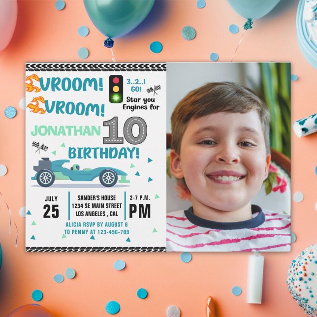 Photo Race Car • 10th Birthday Boy Invitation (Creator Uploaded)
