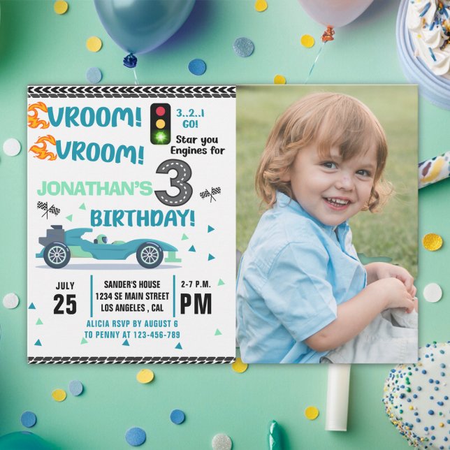 Photo Race Car • 3rd Birthday Racing Party Invitation (Creator Uploaded)