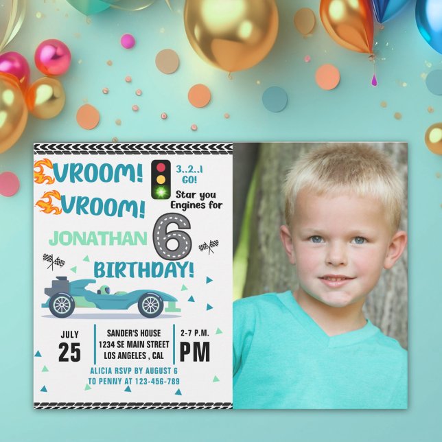 Photo Race Car • 6th Birthday Racing Party Invitation (Creator Uploaded)