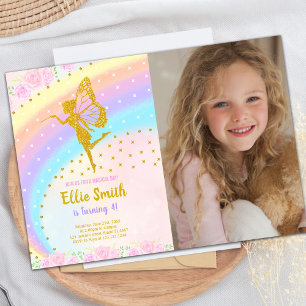 Photo Rainbow Glitter Fairy Birthday Invitations