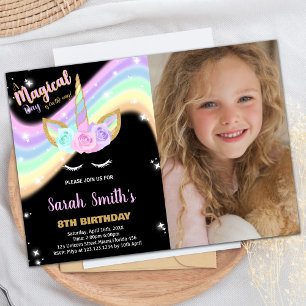 Photo Rainbow Pink Unicorn Birthday Invitations