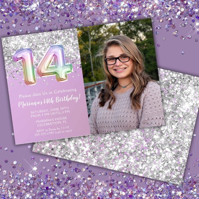 Photo Rainbow Sparkle 14th Birthday Invitation (Creator Uploaded)