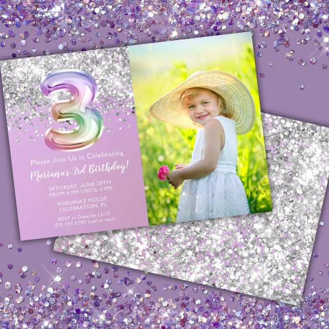 Photo Rainbow Sparkle 3rd Birthday Invitation (Creator Uploaded)