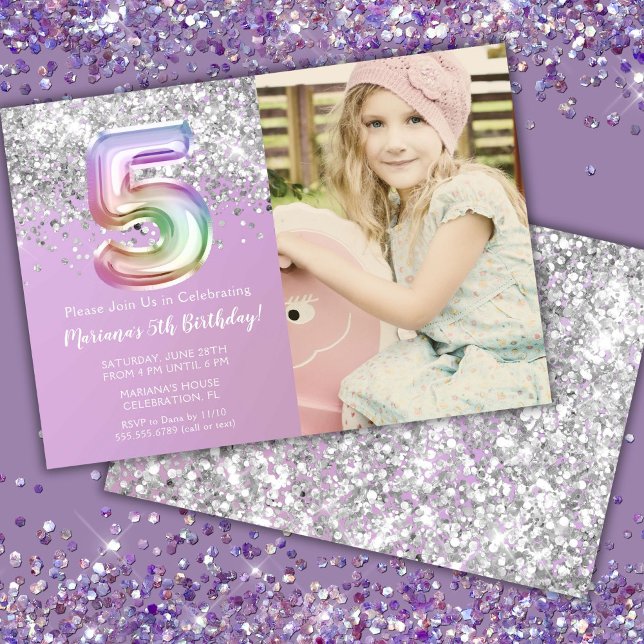 Photo Rainbow Sparkle 5th Birthday Invitation (Creator Uploaded)