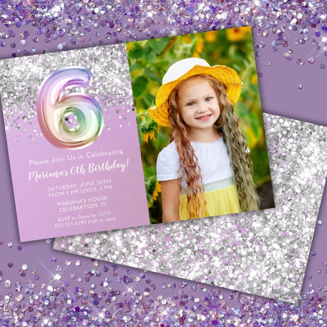 Photo Rainbow Sparkle 6th Birthday Invitation (Creator Uploaded)