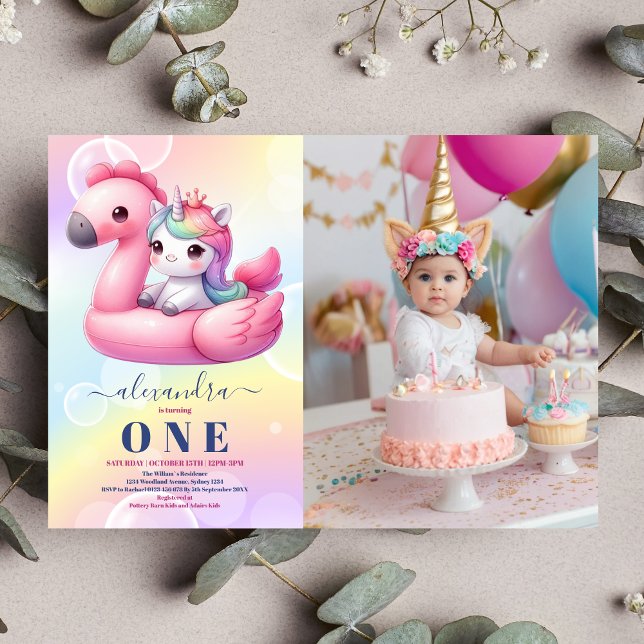 Photo Rainbow Unicorn 1st Birthday Girls Pastel Invitation (Creator Uploaded)
