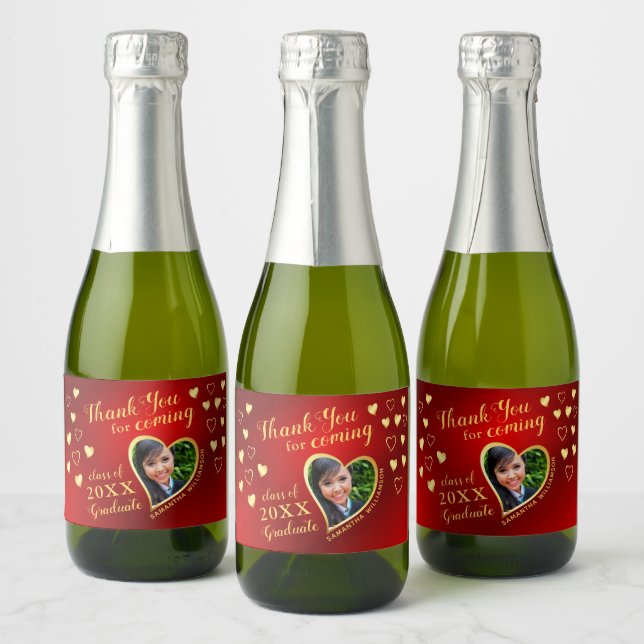 Photo Red and Gold Thank You 2025 Graduation Favou Sparkling Wine Label (Bottles)