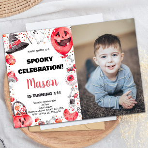 Photo Red Ballon Halloween Birthday Invitations