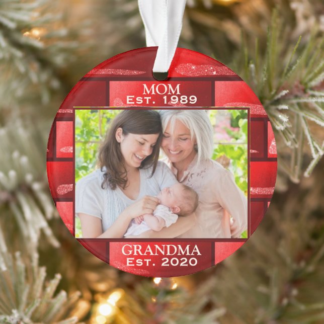 Photo Red Glitter New Grandma Est. Year Christmas Ornament (Tree)