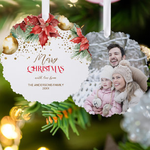 Photo red gold poinsettia Christmas unique Tree Decoration Card