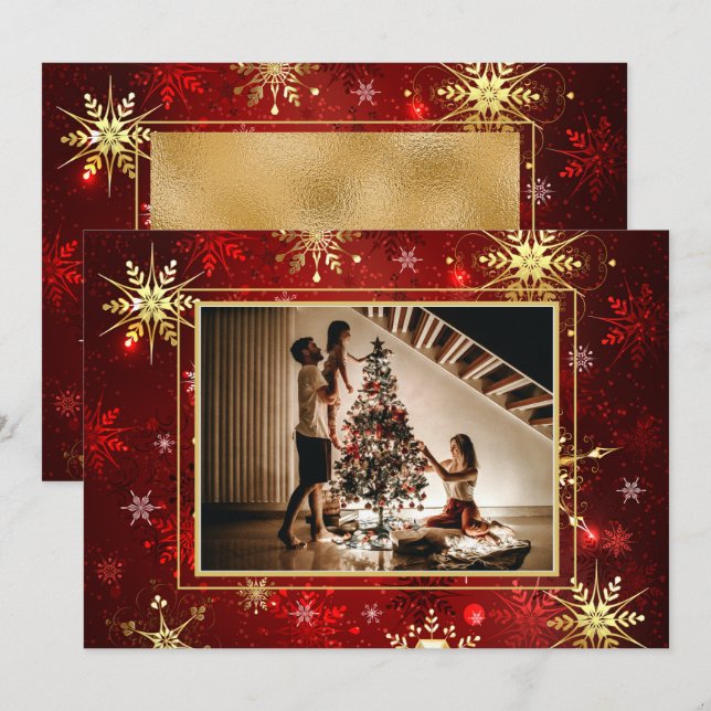 Photo Red Gold Snowflake Christmas Xmas Holiday Card (Front/Back)