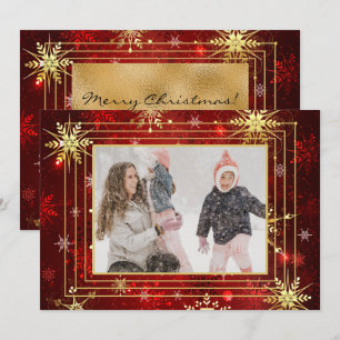 Photo Red Gold Snowflake Xmas Christmas Holiday Card