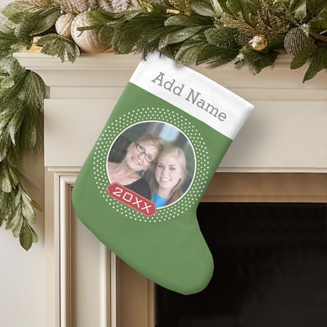 Photo Red Green Polka Dot Frame and Custom Year Small Christmas Stocking (Personalized Christmas Stocking)