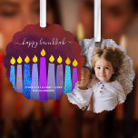 Photo Red Hanukkah Menorah Candles Modern Boho Tree Decoration Card<br><div class="desc">“Happy Hanukkah.” A playful, modern, artsy illustration of boho pattern candles and handwritten calligraphy script help you usher in the holiday of Hanukkah in style. Assorted blue boho candles with colourful faux foil patterns overlay a rich, brick red textured background on the front. Your favourite photo adorns the back. Feel...</div>